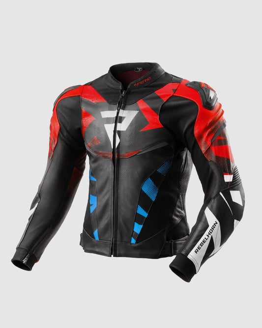 Inferno Blouson Moto Cuir Bleu Rouge