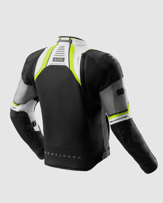 Borg II Blouson Moto Noir, Gris, Jaune Fluo